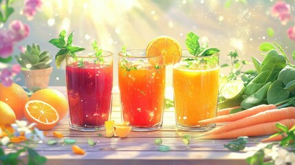 Fototapeta premium Glasses of vibrant fruit and vegetable juices on rustic wooden table, surrounded by fresh ingredients like carrots, oranges, and spinach