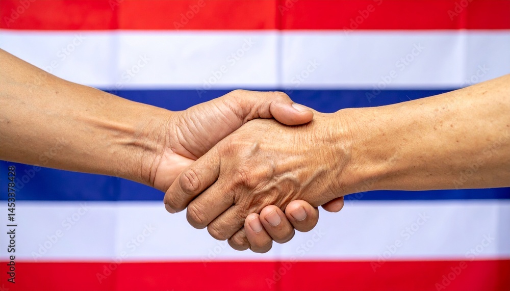 Poster an agreement with handshake of two hands in front of a flag, symbolizing unity and partnership