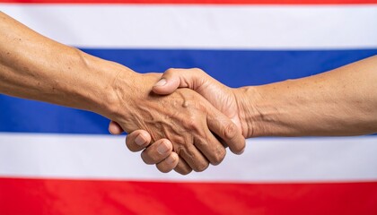 A handshake in front of the Thailand flag represents diplomacy, cooperation, and partnership