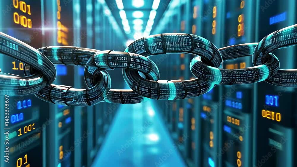 Poster data processing chain linked through server room infrastructure and technology, data processing with