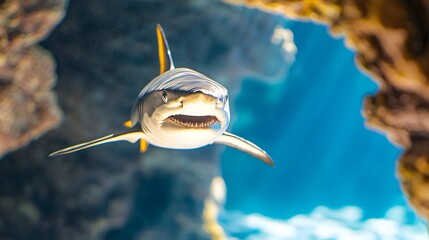 A grey reef shark swims towards the camera, its mouth slightly open, in a vibrant underwater scene
