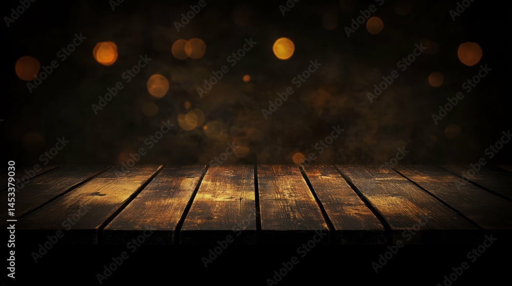 Poster Empty rustic wood table with golden bokeh, for product placement.