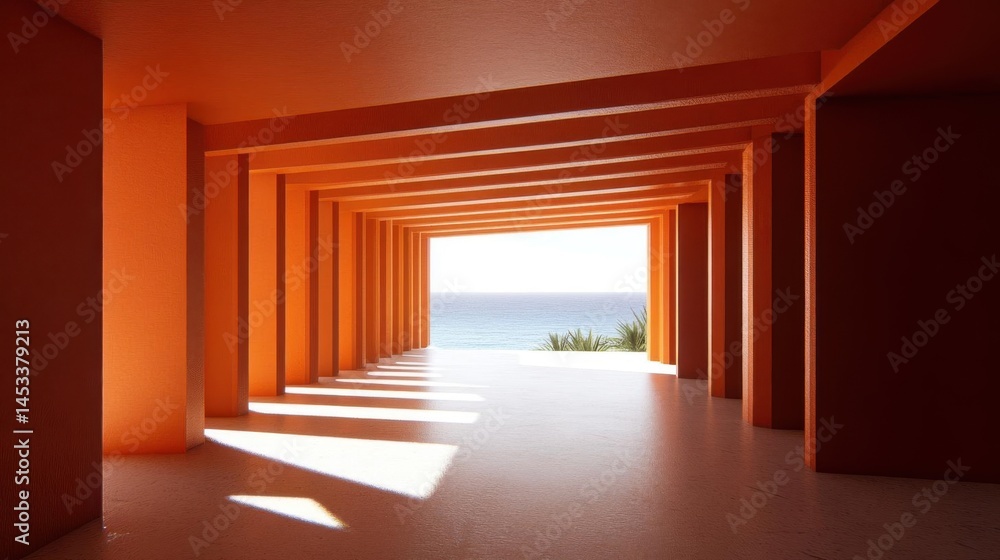 Poster orange architecture frames the ocean view with shadow contrast, and modern style.