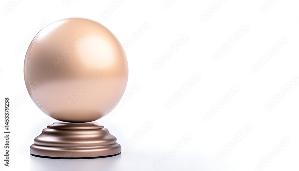 Poster a smooth metallic sphere rests on a tiered circular base the object is light gold in color reflectin