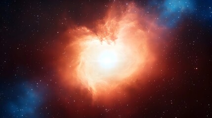 A vibrant nebula swirls around a brilliant central light, fiery orange and red hues contrasting with cooler blues in the cosmic background
