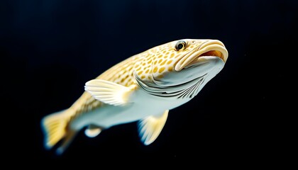 An aquatic creature pale with yellowish spots swims against a dark backdrop Its fins are distinctly visible and its