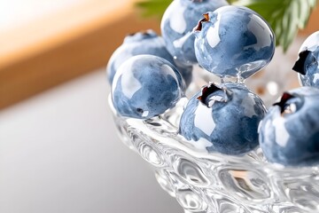 Close-up of plump, glistening blueberries in a clear glass bowl