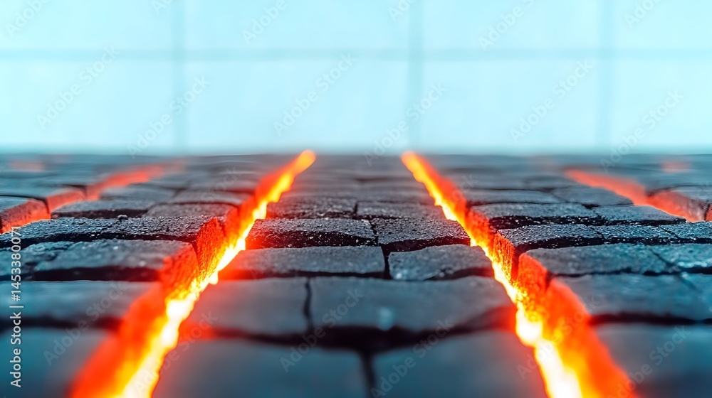 Poster glowing lines illuminate a dark cobblestone path, receding into a bright background