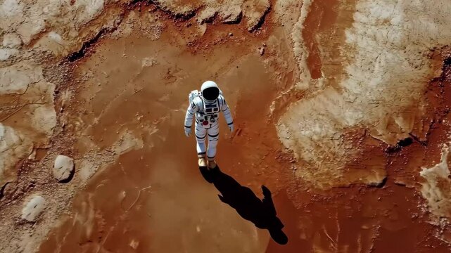 Astronaut explores the Martian surface while studying the unique terrain and conditions of another planet, 4K Astronaut walking on the surface of Mars