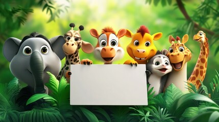 Fototapeta premium Cute jungle animals holding blank sign (2)