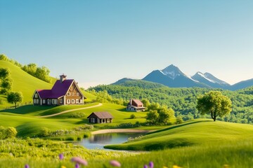 Idyllic rural scene houses on rolling green hills, a pond, and majestic mountains under a bright blue sky