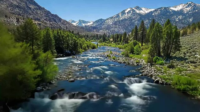 Rushing river rapids winds through lush greenery and mountains in Kern River, Aerial shot of river rapids on the Kern River in the Southern Sierra Nevada Mountains in California