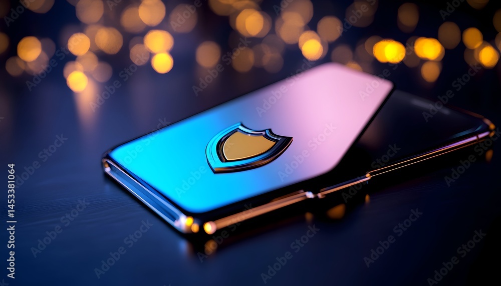 Aufkleber sleek phone displays a metallic shield symbol resting on a dark surface against a bokeh background