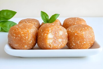 Six golden-brown, sesame-coated energy balls with visible white filling rest on a white square plate, garnished with fresh basil
