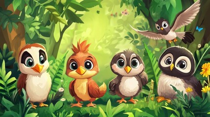 Fototapeta premium Cute jungle birds and penguins