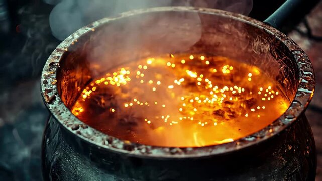Closeup view of an old rusty witch's cauldron bubbling with a mysterious brew, A close-up view of a large, old and rusty witch's cauldron brewing up a witch's magic potion