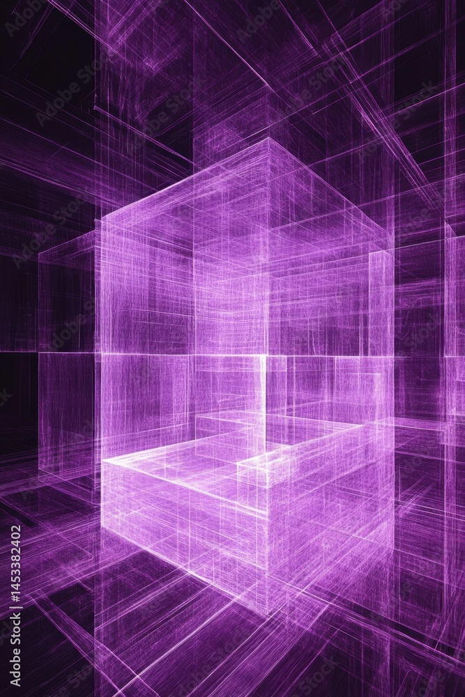 Poster abstract purple cubic structure with geometric lines and dark background rendering