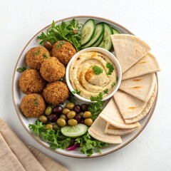Delicious falafel, creamy hummus, warm pita bread, and fresh salad. A vibrant and healthy Middle Eastern or Mediterranean meal. Perfect for sharing.