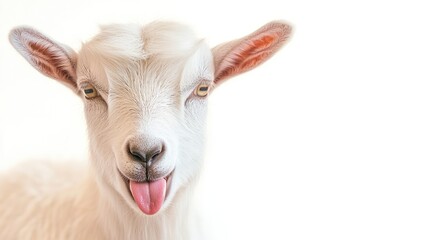 Fototapeta premium A Playful White Goat Sticking Out Its Tongue