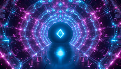 Obraz premium Abstract Neon Tunnel Futuristic Pink and Blue Energy Corridor, Glowing Lights, Symmetrical Design, 3D Render