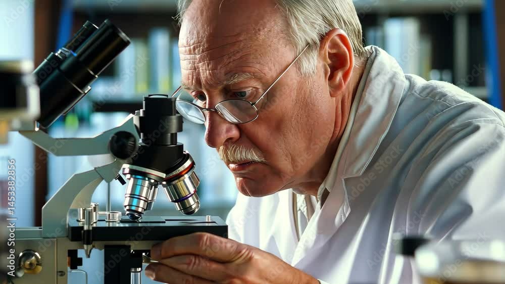 Poster scientist examines liquid samples with microscope in laboratory during bright daylight, scientist lo