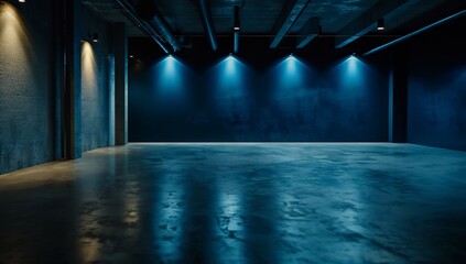 Empty industrial space, moody blue lighting