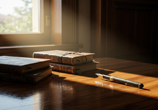 Book and pen on table.
