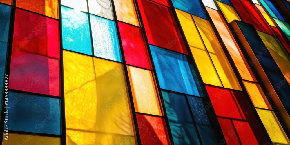 Poster sunlight filtering through colorful panels creates an abstract pattern design