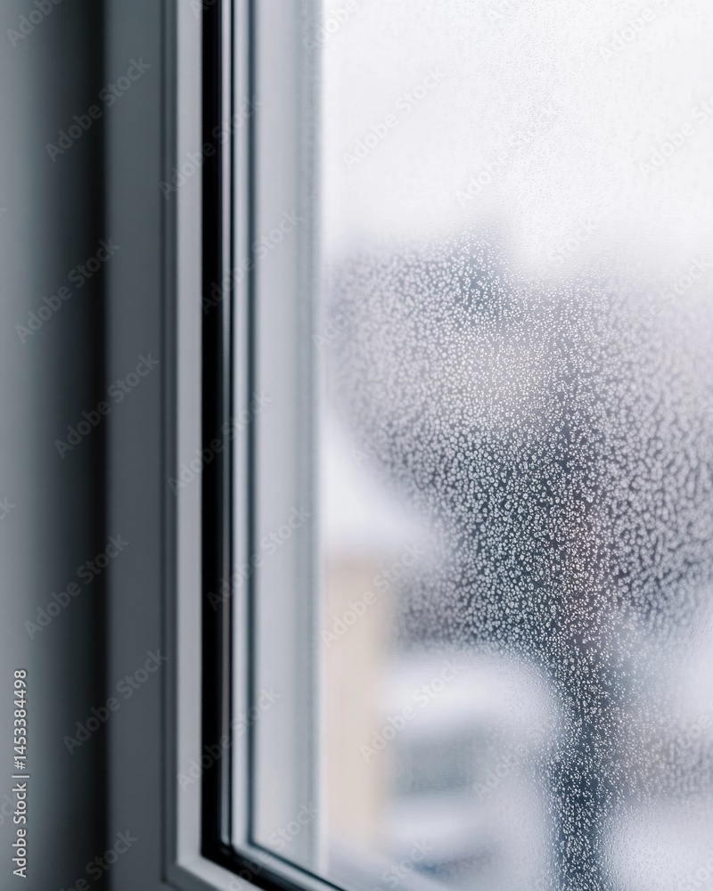 Poster window pane with condensation forming a textured surface creating a blurred view outside