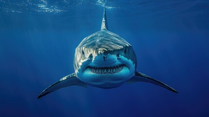 Great White Shark Close-Up in Blue Water