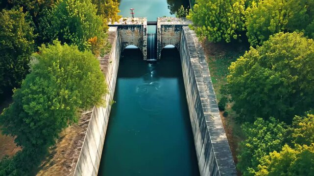 Aerial view of an aqueduct channeling water for hydropower generation in a lush landscape, Aerial shot of an aqueduct supplying water to a Hydro Electric Power Plant
