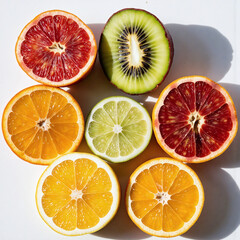 Frutas tropicais cortadas ao meio em composição colorida sobre fundo branco
