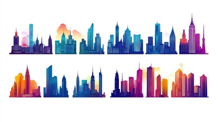 Obraz premium Cityscape collection various urban skylines at sunrise/sunset, ideal for backgrounds