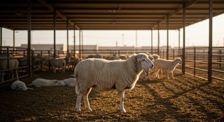 Golden Hour at the Sheep Farm: A Single Sheep Stands Out in the Warm Sunset Light