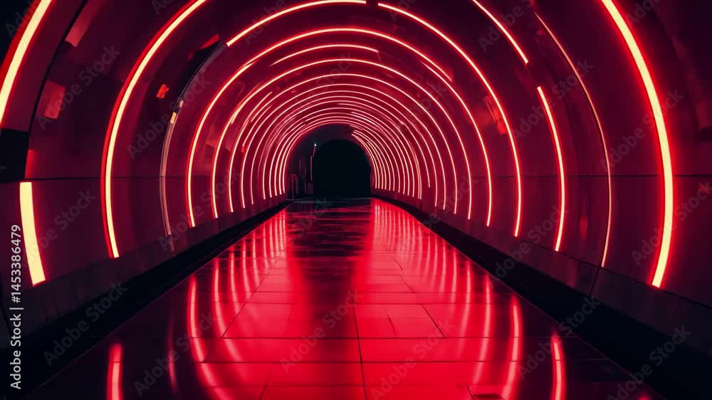 Poster Digital tunnel illuminated with red neon shapes creates an immersive pathway into darkness, digital tunnel of red neon shapes on black background
