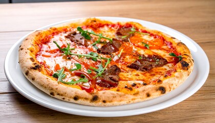 Italian Pizza on plate with meet toping and tomato sauce in the top table