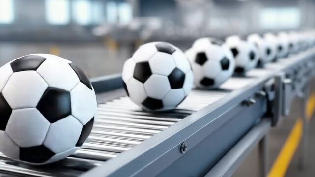 Row of classic black and white soccer balls moving on a conveyor belt in a brightly lit sports equipment manufacturing facility.