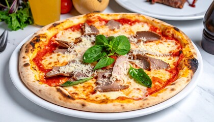 Italian Pizza on plate with meet toping and tomato sauce in the top table