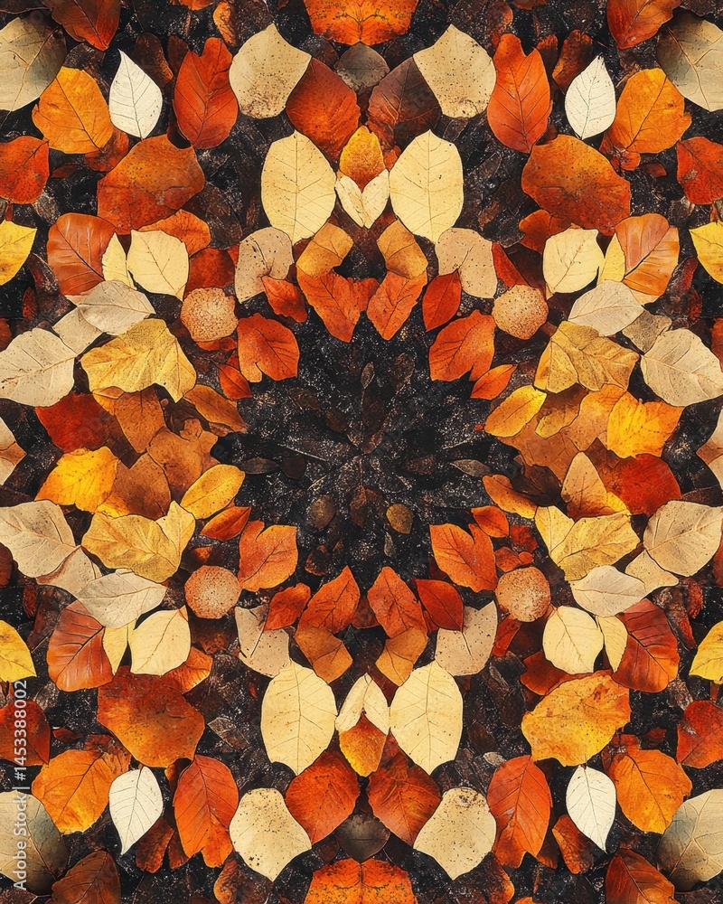 Poster Autumnal Kaleidoscope of Fallen Leaves in Warm Tones Creating a Symmetrical Pattern