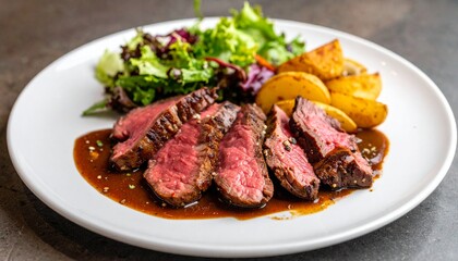 Fototapeta premium Wagyu steak and roasted potato Salad with medium rare