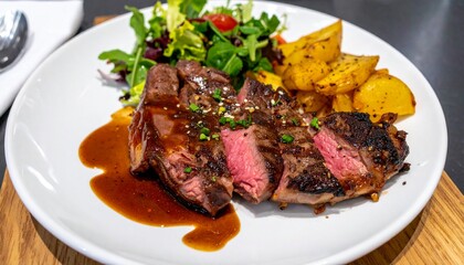 Wagyu steak and roasted potato Salad with medium rare