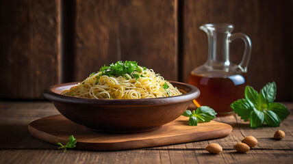 Pasta with aromatic herbs a captivating shot of pasta with herbs and fresh mint, showcasing culinary artistry. The pasta sits in a rustic wooden bowl.