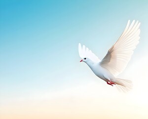 Fototapeta premium A white dove in flight against a serene blue and orange sky. Its wings are outstretched, feathers luminous
