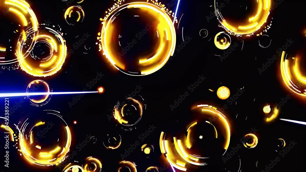 Poster looping 4k animation featuring luxurious abstract pattern golden neon circles subtle sparkles perfec