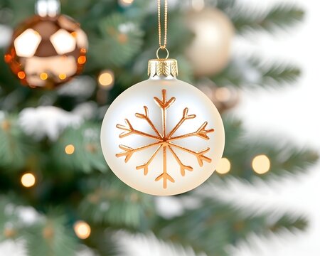 An off-white Christmas bauble with a rose gold snowflake design hangs on a decorated tree