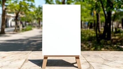 Blank white sign on easel outdoors, sunny park backdrop
