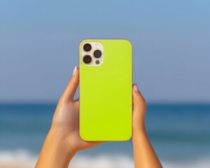 Bright lime green phone case held against a sunny beach backdrop