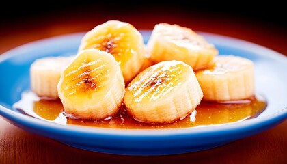 Caramelized banana slices on a blue plate, glistening with syrup