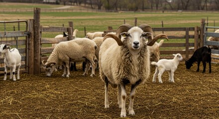 Obraz premium Majestic Ram in a Rural Farm Setting: A Stunning Portrait of a Sheep and its Flock in a Pastoral Landscape