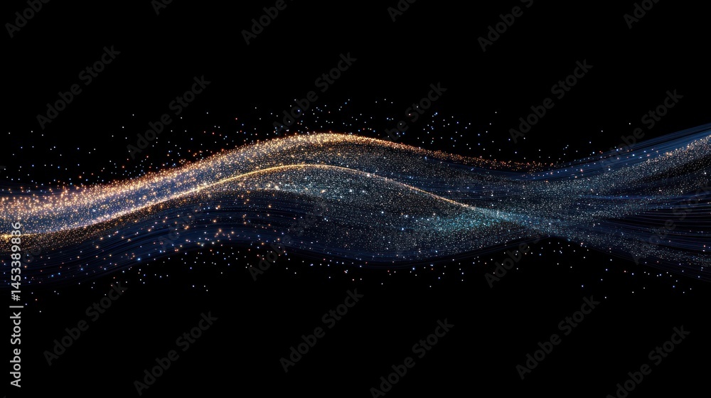 Poster abstract golden and blue shimmering particles floating on a dark background